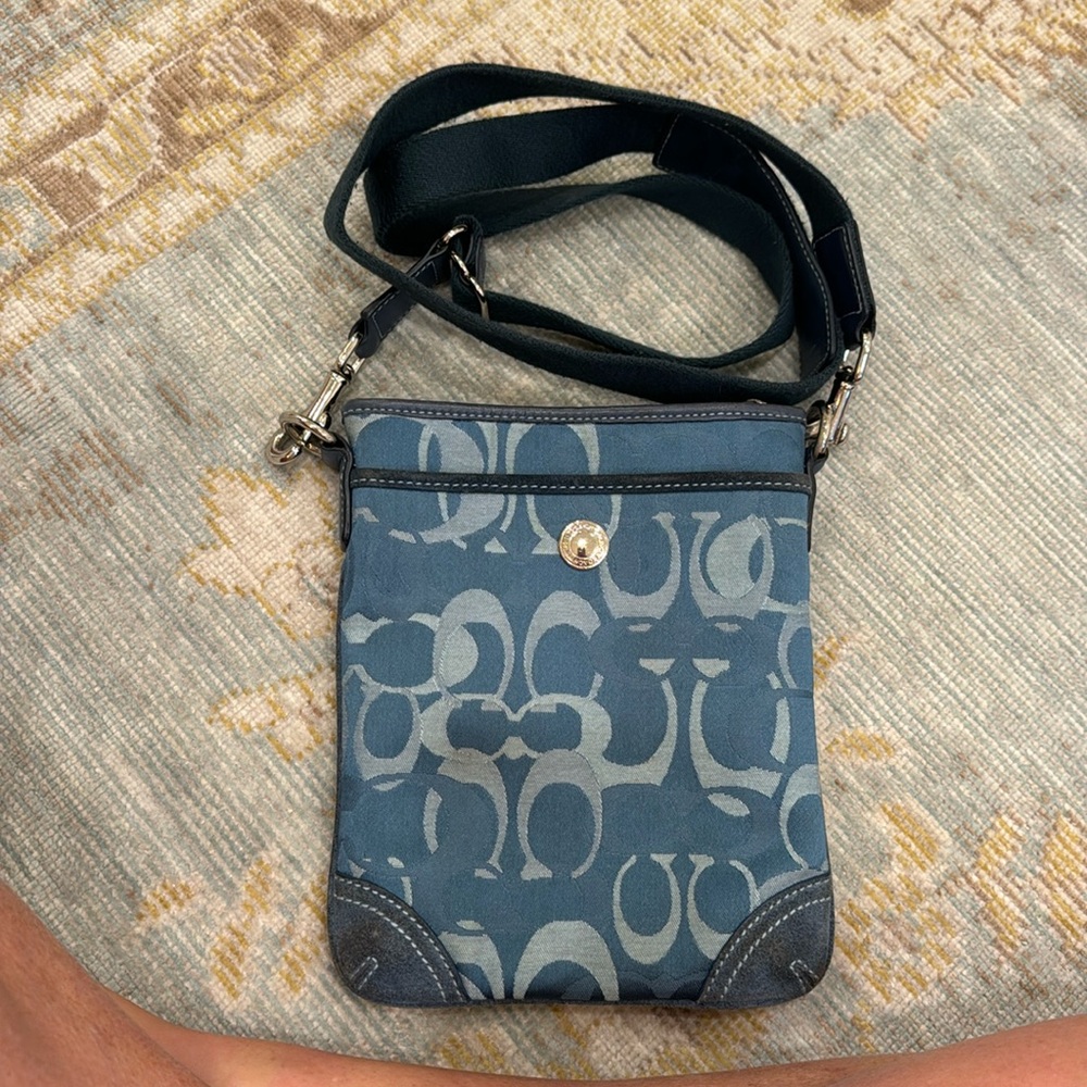 Coach small cross body bag, blue with suede detail on edged